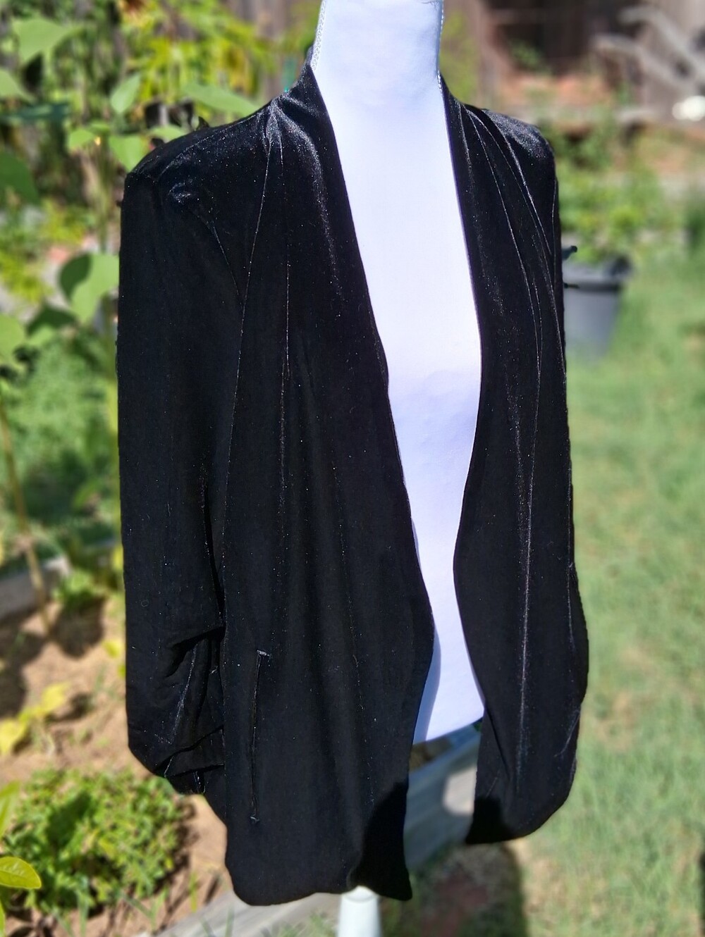 Bishop & Young Black Velvet Blazer with Shoulder Pads and Runched 3/4 Sleeves